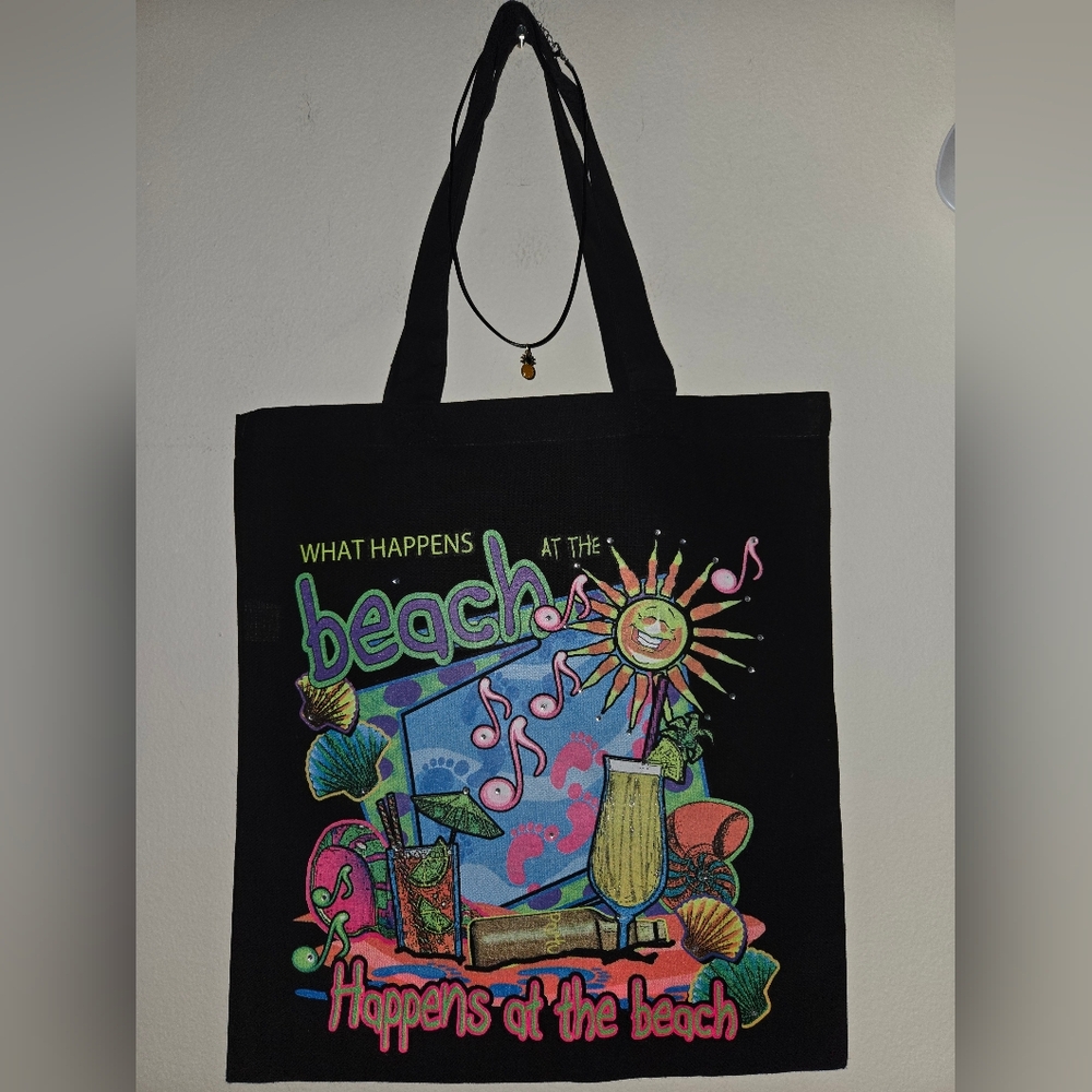 Vibrant Black Beach-Themed Tote Bag & Free Necklace